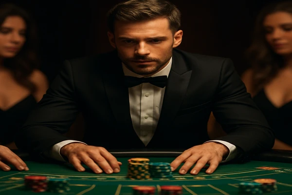 একজন নারী তার ল্যাপটপে অনলাইন গেম খেলছেন, চারপাশে জ্বলমলে ক্যাসিনোর পরিবেশ ছড়িয়ে পড়েছে