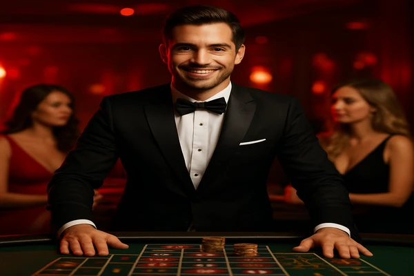 একজন পুরুষ অনলাইন গেম জয়লাভের খুশি উদযাপন করছেন, চারপাশে খেলার প্রতীকগুলো ভেসে উঠছে